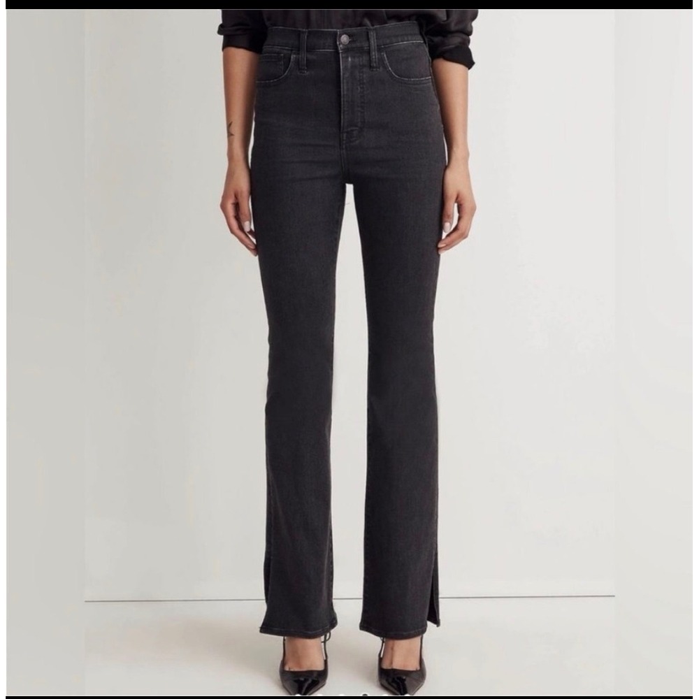 Madewell High Rise Flare Jeans Side Slit Hem‎ Lunar Washed Black Stretch Denim